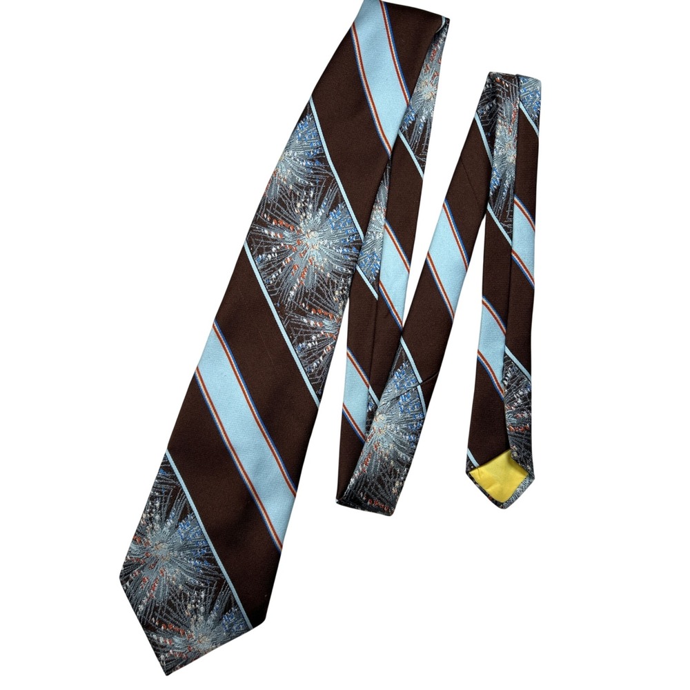 Cesare Larini Mens Brown Blue Striped Geometric Starburst Poly VTG Necktie 3.25"